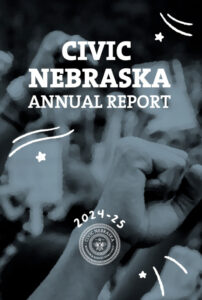 A blue and black cover of Civic Nebraska's 2024-25 annual report.