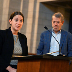 Nancy Petitto, Civic Nebraska's executive director, speaks at a ceremony at the State Capitol proclaiming March 10-14 Civic Learning Week in Nebraska.
