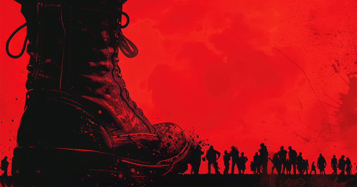 An all red graphic of a large boot stomping out people