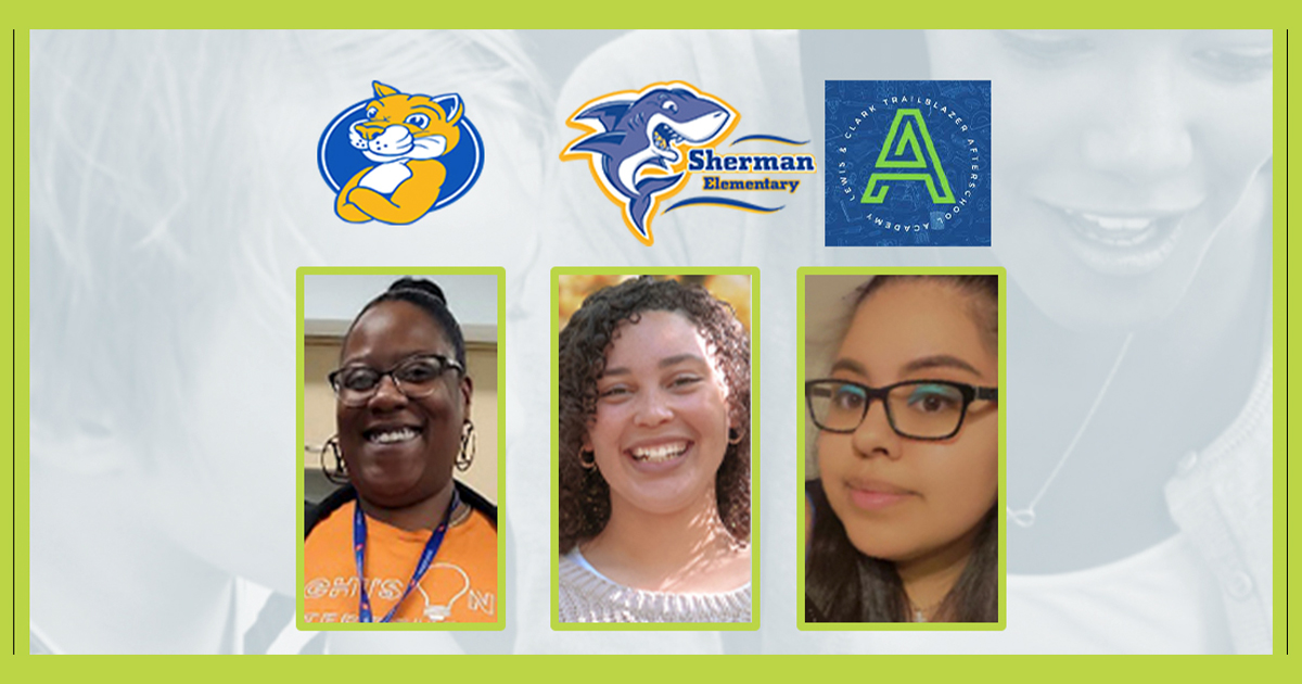 Photo of Liseth, Deshawn, and Ayanna below their respective schools' logos