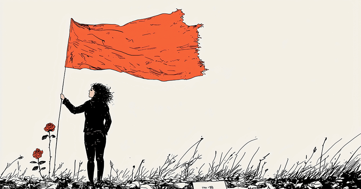 Woman holding a red flag in a field with roses at her feet