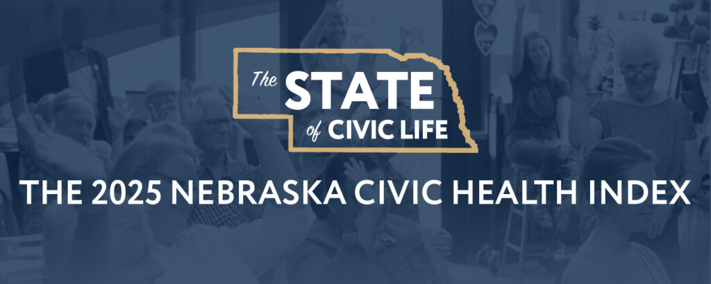 A blue image with a logo in the shape of Nebraska. The words inside say THE STATE OF CIVIC LIFE.