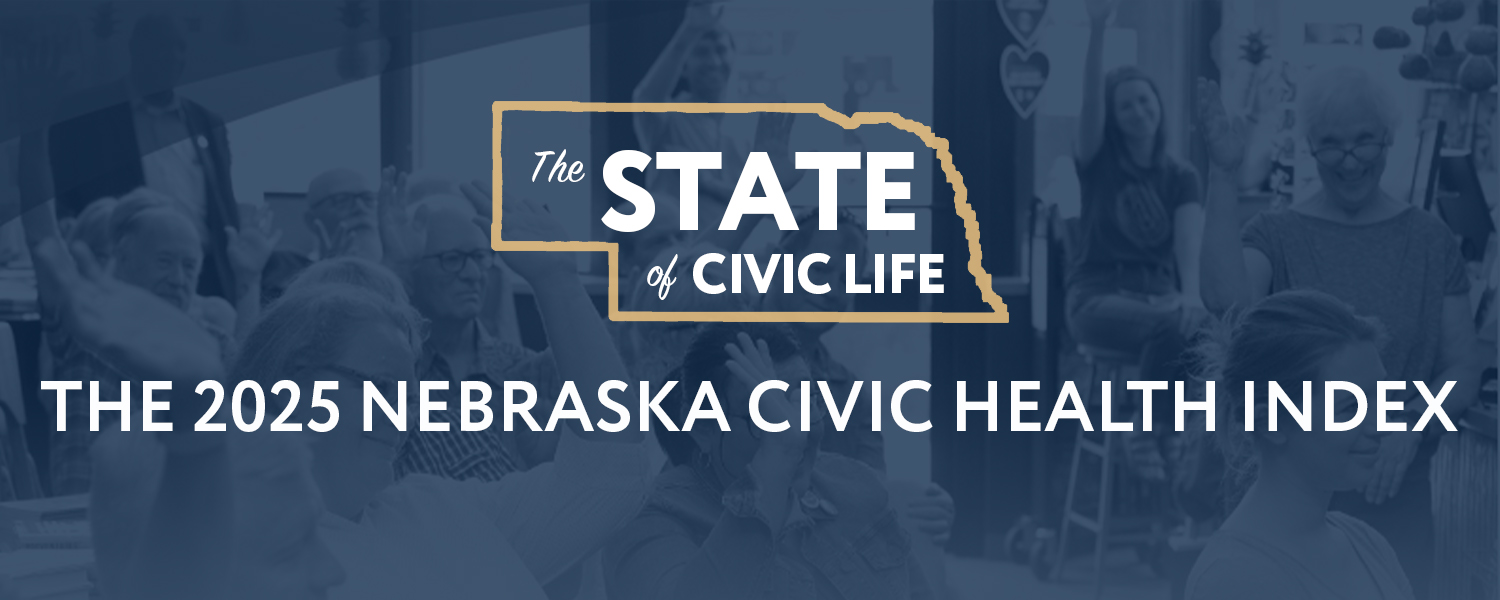 A blue image with a logo in the shape of Nebraska. The words inside say THE STATE OF CIVIC LIFE.