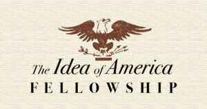 A tan-colored image as if written on a piece of parchment that has a maroon stamped image of an eagle, and the words "The Idea of America Fellowship."