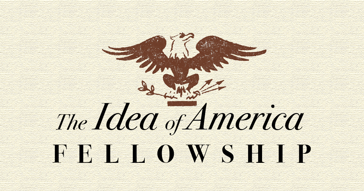 A tan-colored image as if written on a piece of parchment that has a maroon stamped image of an eagle, and the words "The Idea of America Fellowship."